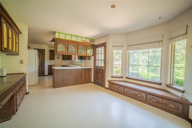 1507 Mill Creek Rd, Edmond, OK 73025 - kitchen featuring freestanding refrigerator, a peninsula, plenty of natural light, and brown cabinetry