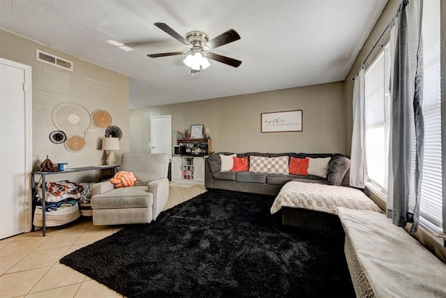 625 N Ramblin Oaks Dr, Moore, OK 73160 - living room with light tile patterned floors, healthy amount of natural light, and a ceiling fan