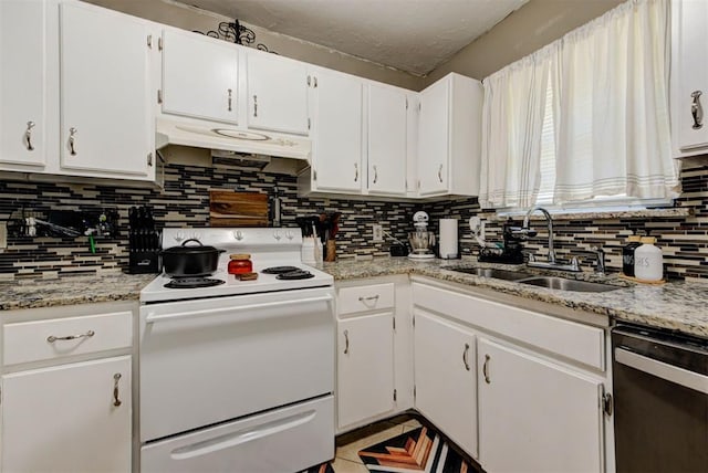 625 N Ramblin Oaks Dr, Moore, OK 73160 - kitchen with electric stove, dishwasher, under cabinet range hood, and white cabinets