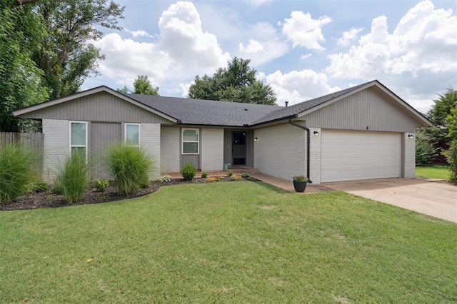 8 Corona Dr, Oklahoma City, OK 73149 - ranch-style house featuring brick siding, concrete driveway, a garage, and a front yard