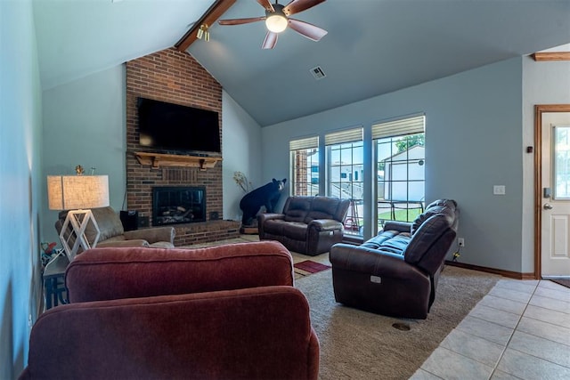 4700 SE 118th St, Oklahoma City, OK 73165 - tiled living room with ceiling fan and a brick fireplace