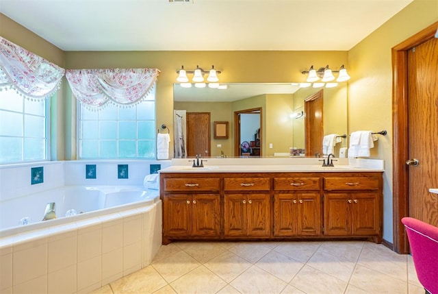 4700 SE 118th St, Oklahoma City, OK 73165 - full bathroom with double vanity, a garden tub, and tile patterned flooring