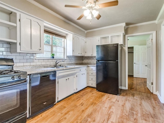 117 Asbill Ave, Yukon, OK 73099 - kitchen featuring black appliances, open shelves, a ceiling fan, ornamental molding, and white cabinets
