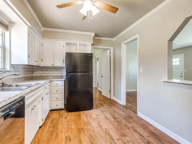117 Asbill Ave, Yukon, OK 73099 - kitchen with black appliances, white cabinets, a ceiling fan, light countertops, and ornamental molding