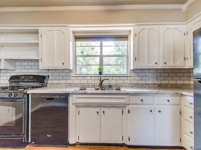 117 Asbill Ave, Yukon, OK 73099 - kitchen featuring black appliances, open shelves, white cabinetry, backsplash, and crown molding