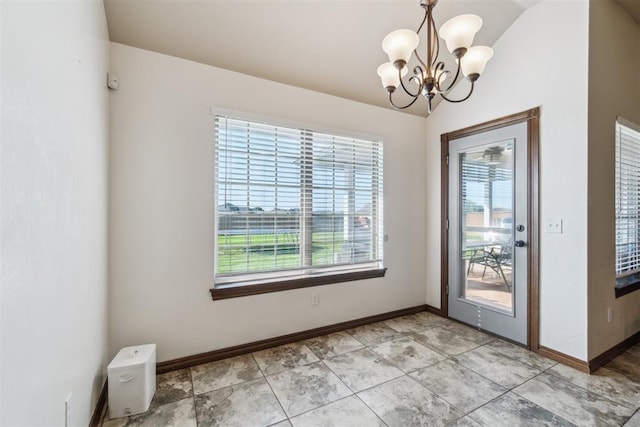 3730 Ruby Rdg, Piedmont, OK 73078 - unfurnished dining area with a chandelier, lofted ceiling, and light tile patterned flooring