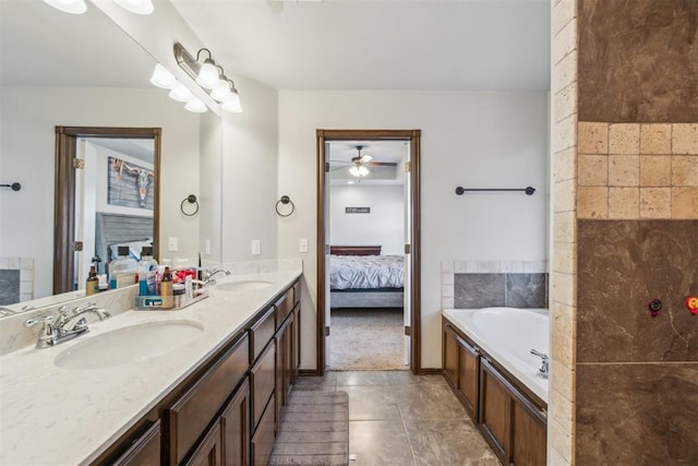 3730 Ruby Rdg, Piedmont, OK 73078 - bathroom with ensuite bathroom, double vanity, ceiling fan, a bath, and tile patterned flooring