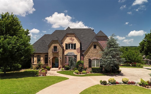 3325 Winding Creek Cir, Edmond, OK 73034 - french country style house featuring stone siding, curved driveway, stucco siding, and a front yard