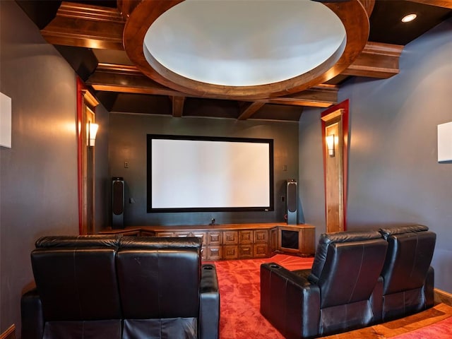 3325 Winding Creek Cir, Edmond, OK 73034 - carpeted home theater with beam ceiling