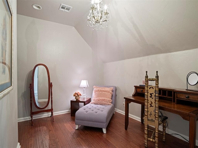 3325 Winding Creek Cir, Edmond, OK 73034 - sitting room featuring lofted ceiling, wood finished floors, and a chandelier