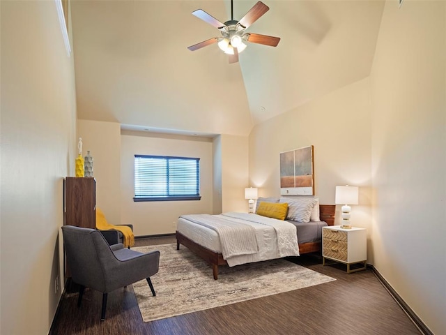 3325 Winding Creek Cir, Edmond, OK 73034 - bedroom featuring high vaulted ceiling, wood finished floors, and a ceiling fan