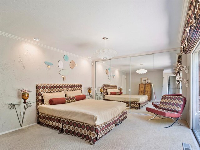 7501 Brookside Dr, Oklahoma City, OK 73132 - bedroom featuring carpet, crown molding, and a closet