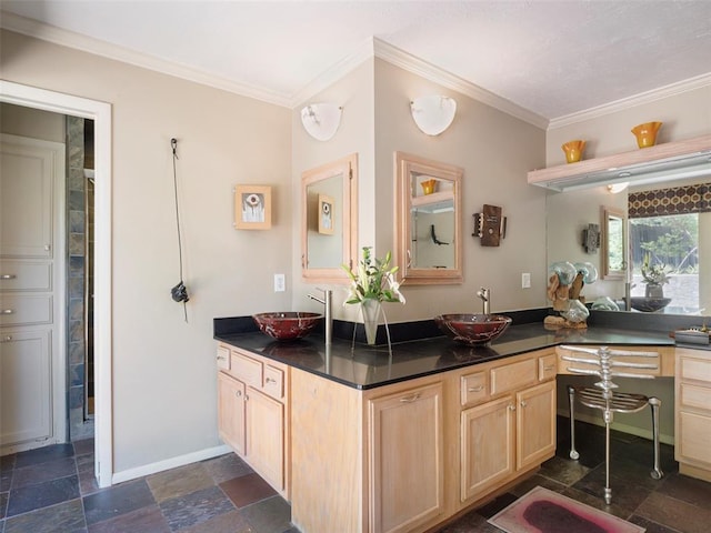 7501 Brookside Dr, Oklahoma City, OK 73132 - full bath featuring double vanity, crown molding, and stone finish flooring