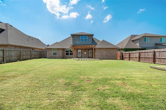 2828 Ryder Dr, Yukon, OK 73099 - rear view of house featuring a pergola, brick siding, a fenced backyard, and a patio