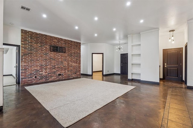 2429 NW 176th St, Edmond, OK 73012 - unfurnished living room with brick wall, built in features, concrete floors, recessed lighting, and a chandelier