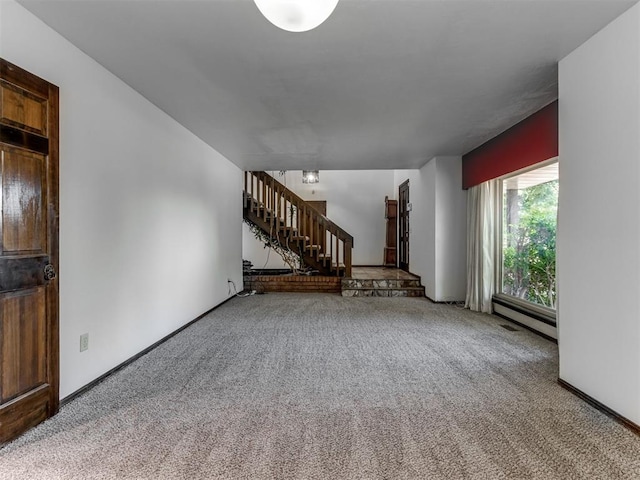 9220 Sutton Pl, Oklahoma City, OK 73132 - unfurnished living room with stairway and carpet floors