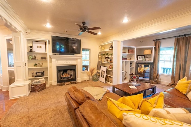 1301 E Rock Creek Rd, Tuttle, OK 73089 - living room featuring a fireplace with flush hearth, crown molding, ceiling fan, healthy amount of natural light, and ornate columns