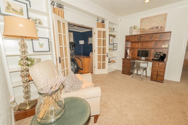 1301 E Rock Creek Rd, Tuttle, OK 73089 - home office featuring french doors, ornamental molding, carpet flooring, and recessed lighting
