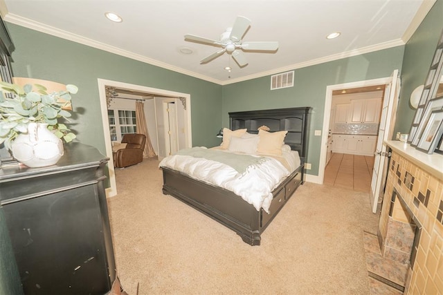 1301 E Rock Creek Rd, Tuttle, OK 73089 - bedroom with carpet, recessed lighting, ornamental molding, and a ceiling fan