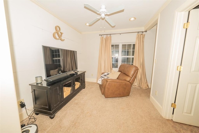 1301 E Rock Creek Rd, Tuttle, OK 73089 - living area with carpet floors, a ceiling fan, crown molding, and recessed lighting