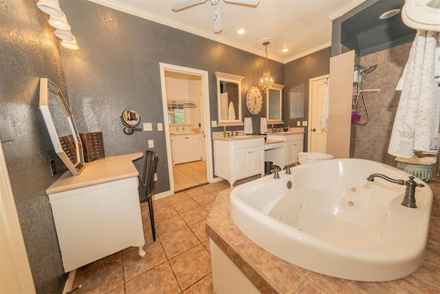 1301 E Rock Creek Rd, Tuttle, OK 73089 - full bathroom with ornamental molding, a whirlpool tub, vanity, tile patterned flooring, and a ceiling fan