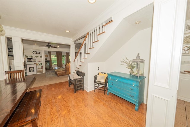 1301 E Rock Creek Rd, Tuttle, OK 73089 - entryway with ornamental molding, decorative columns, stairs, light wood-style flooring, and recessed lighting
