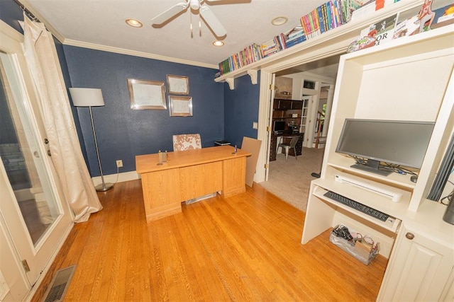 1301 E Rock Creek Rd, Tuttle, OK 73089 - office featuring ornamental molding, a ceiling fan, light wood-style flooring, and recessed lighting