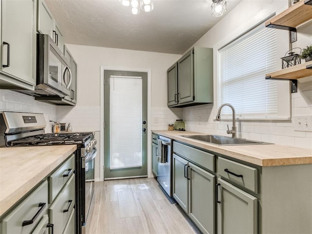 2753 SW 46th Pl, Oklahoma City, OK 73119 - kitchen featuring appliances with stainless steel finishes, open shelves, wooden counters, and tasteful backsplash