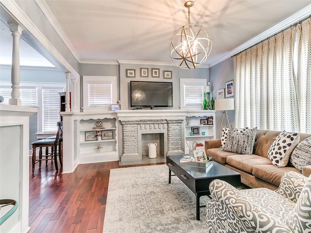 1122 NW 42nd St, Oklahoma City, OK 73118 - living area with hardwood / wood-style floors, ornamental molding, a chandelier, ornate columns, and a fireplace