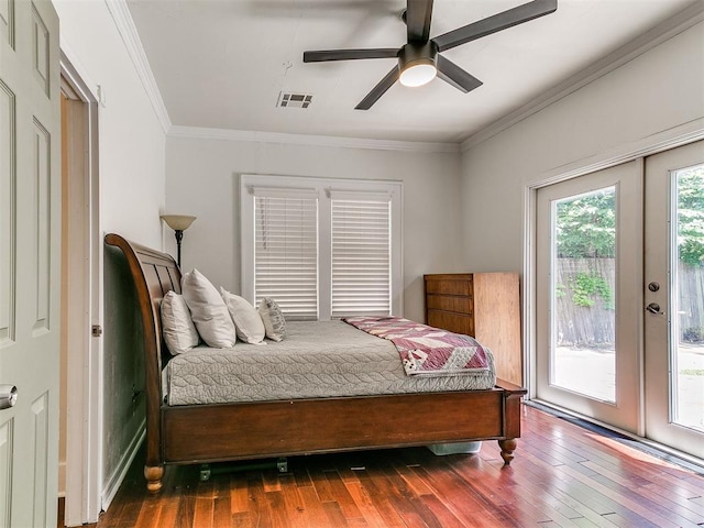 1122 NW 42nd St, Oklahoma City, OK 73118 - bedroom featuring access to exterior, wood-type flooring, ornamental molding, french doors, and a ceiling fan