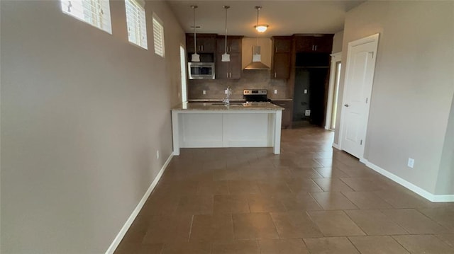 11321 NW 102nd St, Yukon, OK 73099 - kitchen with appliances with stainless steel finishes, extractor fan, tasteful backsplash, a peninsula, and hanging light fixtures