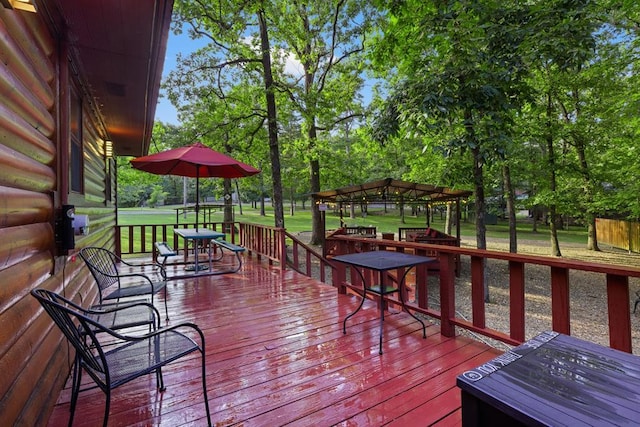 17 Halibut Bay Rd, Broken Bow, OK 74728 - wooden terrace with a gazebo, a yard, and view of wooded area