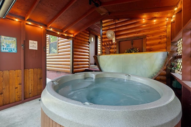 17 Halibut Bay Rd, Broken Bow, OK 74728 - miscellaneous room featuring rustic walls, a hot tub, carpet flooring, and wooden ceiling