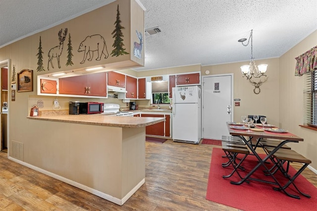 17 Halibut Bay Rd, Broken Bow, OK 74728 - kitchen with white appliances, a textured ceiling, wood finished floors, a peninsula, and ornamental molding