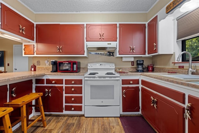 17 Halibut Bay Rd, Broken Bow, OK 74728 - kitchen featuring white range with electric stovetop, a textured ceiling, light countertops, dark wood-type flooring, and crown molding