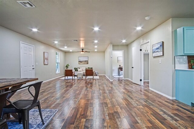 102078 S 3480th Rd, Meeker, OK 74855 - interior space with dark wood finished floors, ceiling fan, and recessed lighting