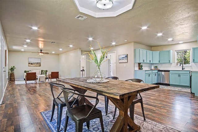102078 S 3480th Rd, Meeker, OK 74855 - dining area featuring dark wood-style floors, ceiling fan, and recessed lighting