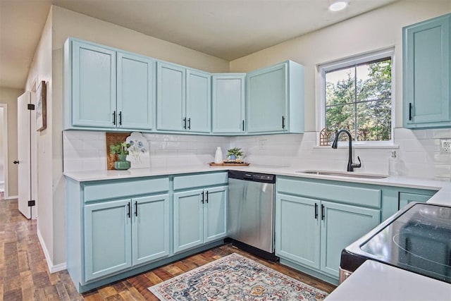 102078 S 3480th Rd, Meeker, OK 74855 - kitchen featuring stainless steel dishwasher, blue cabinetry, electric stove, and backsplash