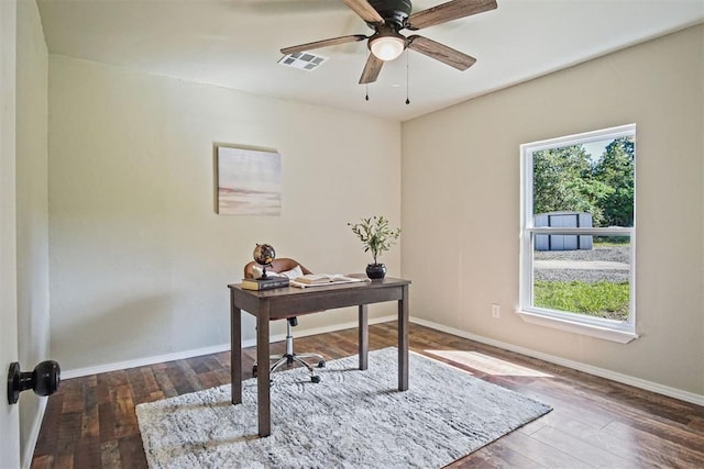 102078 S 3480th Rd, Meeker, OK 74855 - office area with healthy amount of natural light, hardwood / wood-style flooring, and a ceiling fan