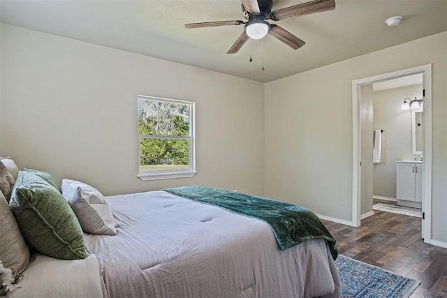 102078 S 3480th Rd, Meeker, OK 74855 - bedroom with wood finished floors, ensuite bathroom, and a ceiling fan