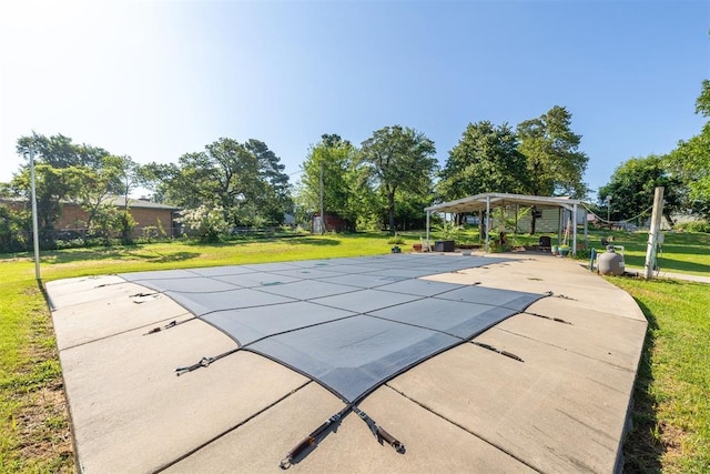 13722 NE 9th St, Choctaw, OK 73020 - view of pool with a patio, a lawn, a covered pool, and a gazebo