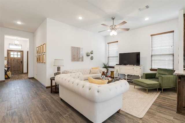 13 Ivory Dr, Yukon, OK 73099 - living room featuring dark wood-style floors, a ceiling fan, and recessed lighting