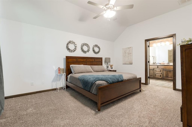 13 Ivory Dr, Yukon, OK 73099 - bedroom featuring light colored carpet, lofted ceiling, ensuite bathroom, and a ceiling fan