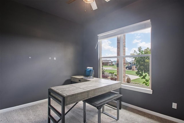 12825 SW 26th St, Yukon, OK 73099 - carpeted home office featuring a ceiling fan and baseboards
