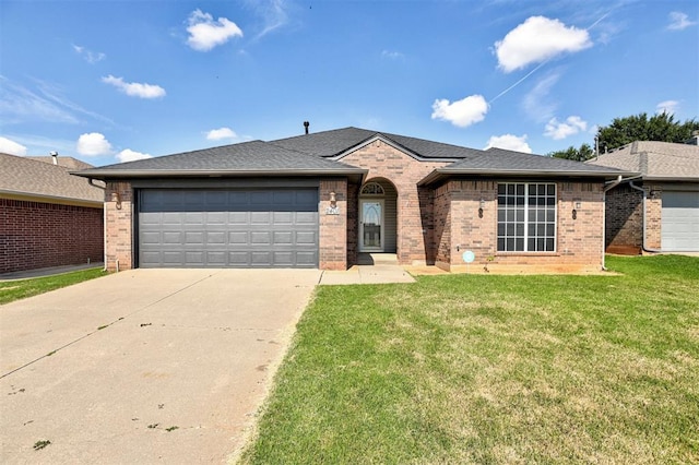 2401 Westchester Dr, Moore, OK 73160 - ranch-style house with roof with shingles, a garage, driveway, and brick siding