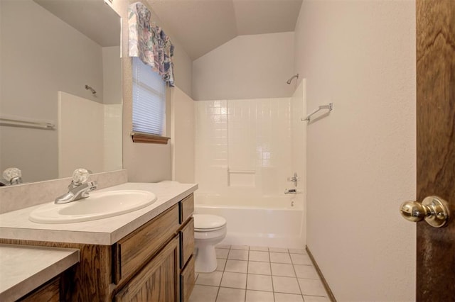 2401 Westchester Dr, Moore, OK 73160 - full bath featuring vanity,  shower combination, tile patterned flooring, and vaulted ceiling