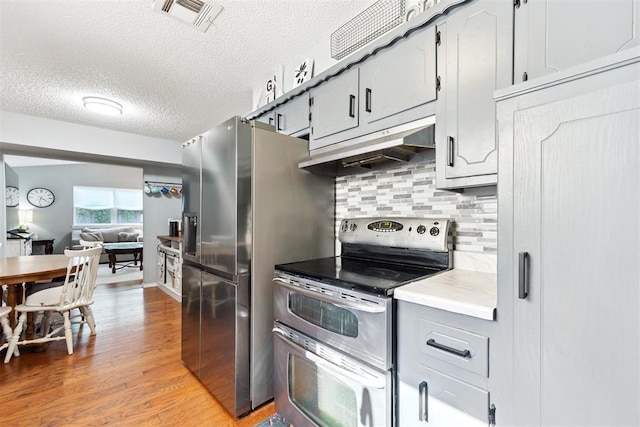 815 W 7th St, Edmond, OK 73003 - kitchen with appliances with stainless steel finishes, under cabinet range hood, light wood finished floors, decorative backsplash, and a textured ceiling
