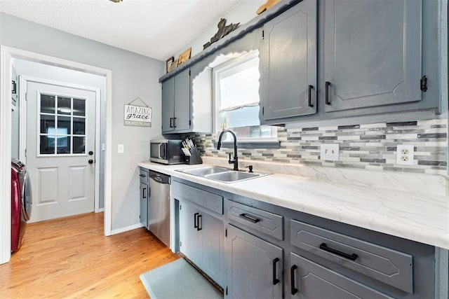 815 W 7th St, Edmond, OK 73003 - kitchen featuring appliances with stainless steel finishes, backsplash, light wood-style floors, and gray cabinetry