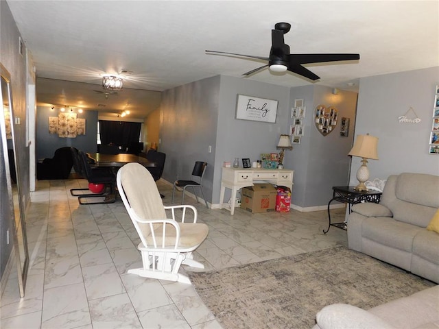 2236 Highland Rd, Oklahoma City, OK 73110 - living area featuring light marble finish floors and ceiling fan