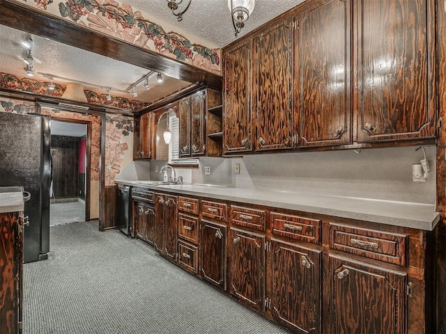924 Penn Ln, Moore, OK 73160 - kitchen featuring black appliances, a textured ceiling, light carpet, track lighting, and open shelves